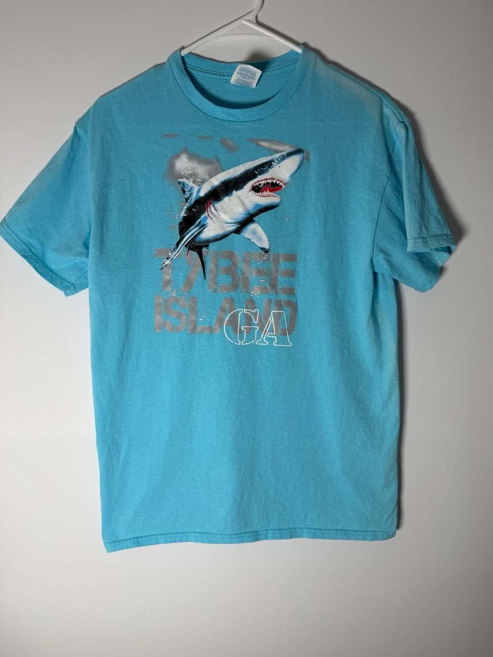 Tybee Island Georgia Shark Attack Graphic T-Shirt Light Blue Size M
